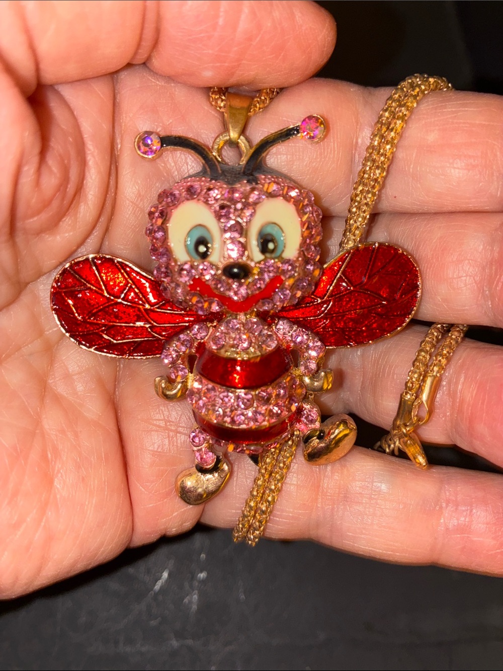 Whimsical Pink & Red Bee Pendant Necklace. It’s The Bee You’re Thinking Of